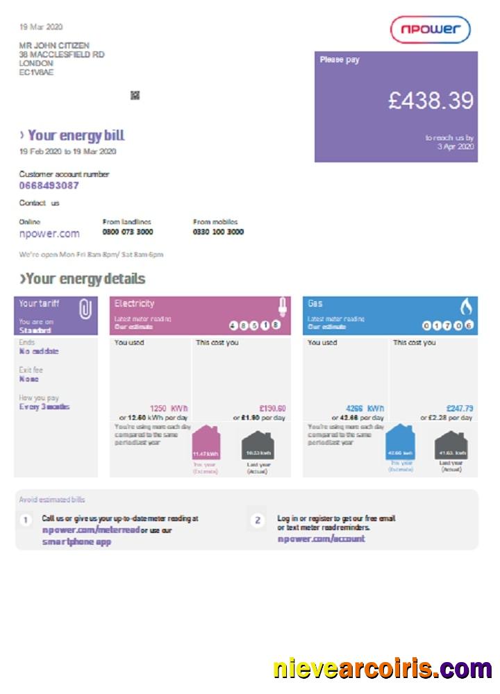 United Kingdom Npower utility bill